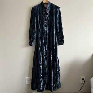 Vintage Double D Ranch Button Velvet Long Sleeve Blue Maxi  Dress XS